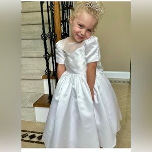 White A-line Puff Sleeve Satin With Tulle & Sheer Illusion Flower Girl Dress